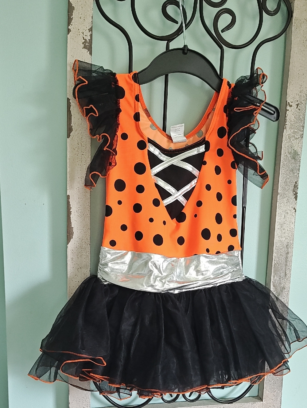 Orange and Black Polka Dot Tutu Dance Costume with Silver Waistband